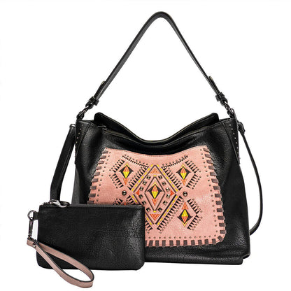 Black Women Embroidered Flower Handbag Shoulder Crossbody Tote Bag With Wallet