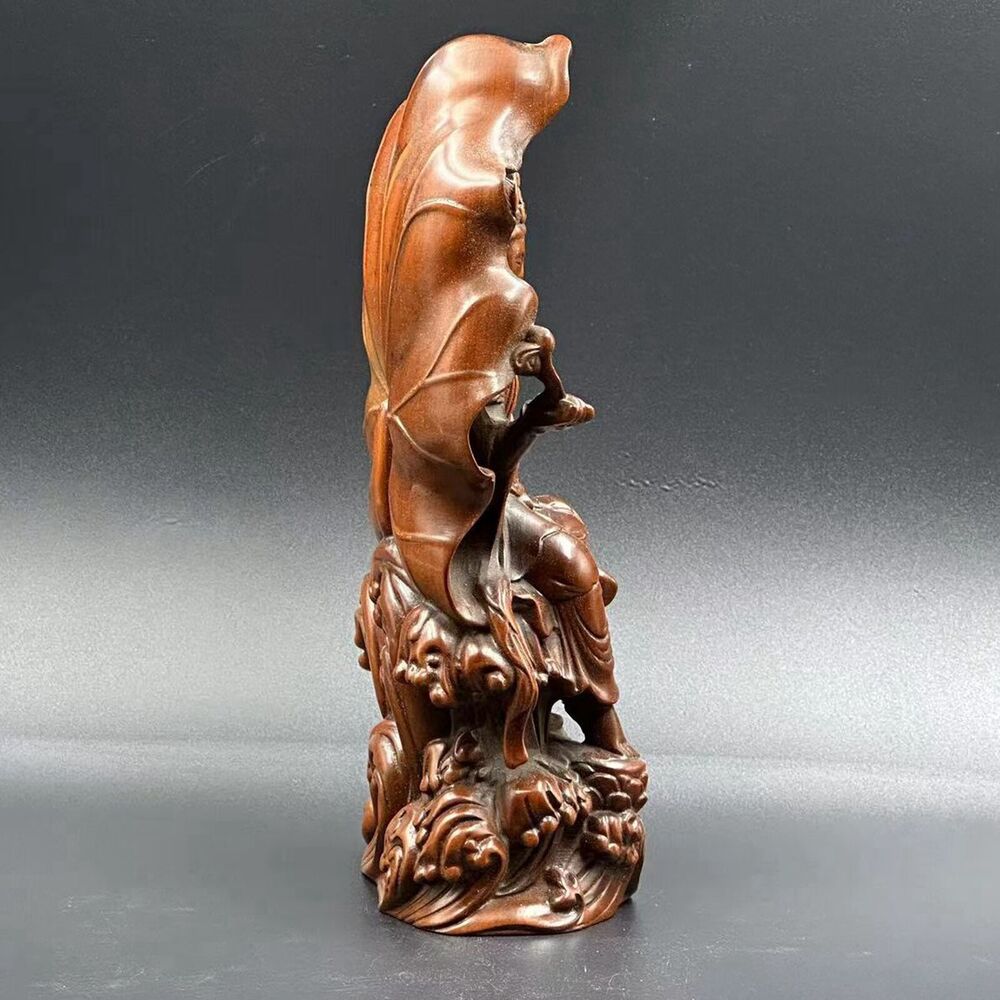 Chinese Boxwood Carving Lotus Leaf Kwan Yin Statue Wood Figurine Decoration Art