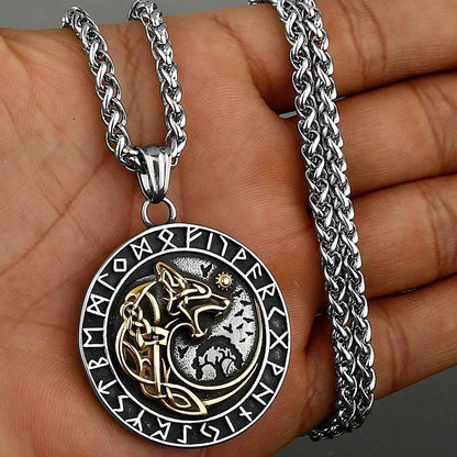 Wolf Necklaces Viking Style Wolf Head Pendant Runes Stainless Steel Necklace