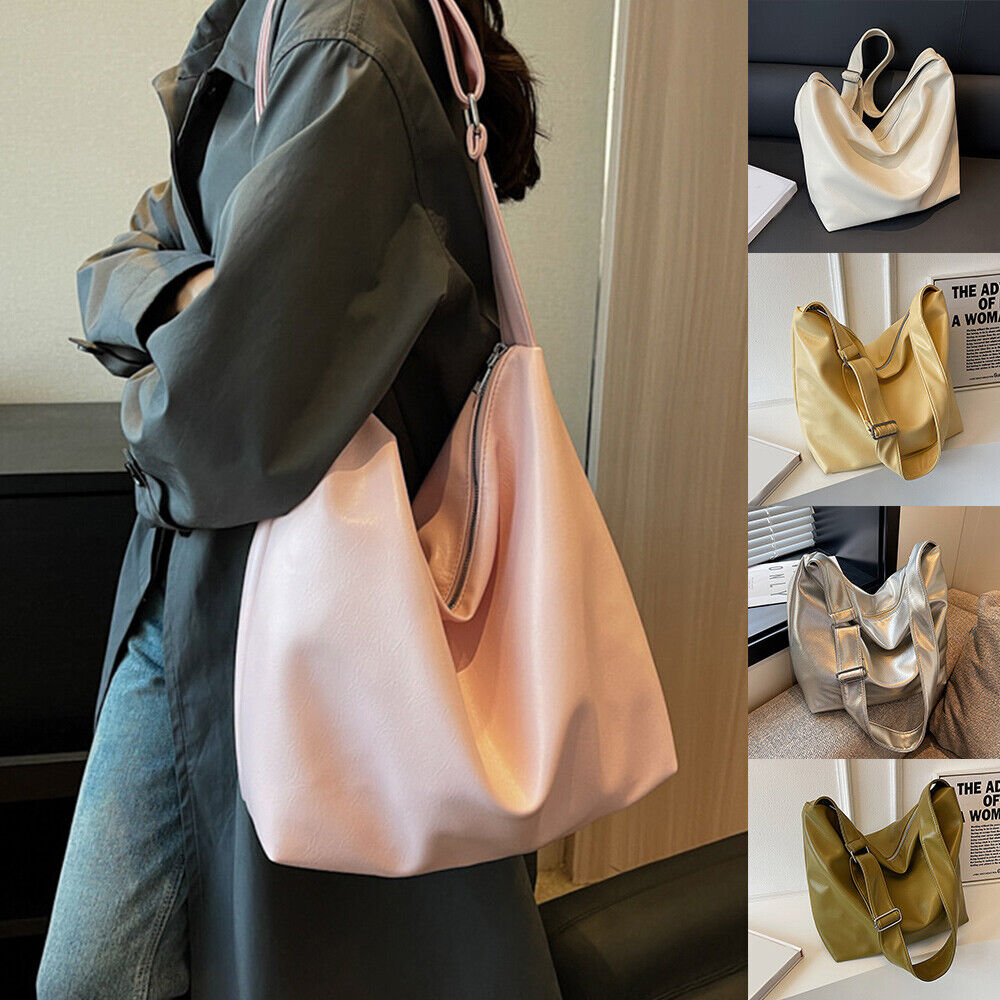 Women Big Bucket Bag Soft Leather Shoulder Bag Underarm Bag Crossbody Bag Silver