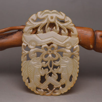 Antique Chinese Natural Hetian Jade Carving Pair Fish Statue Exquisite Pendant
