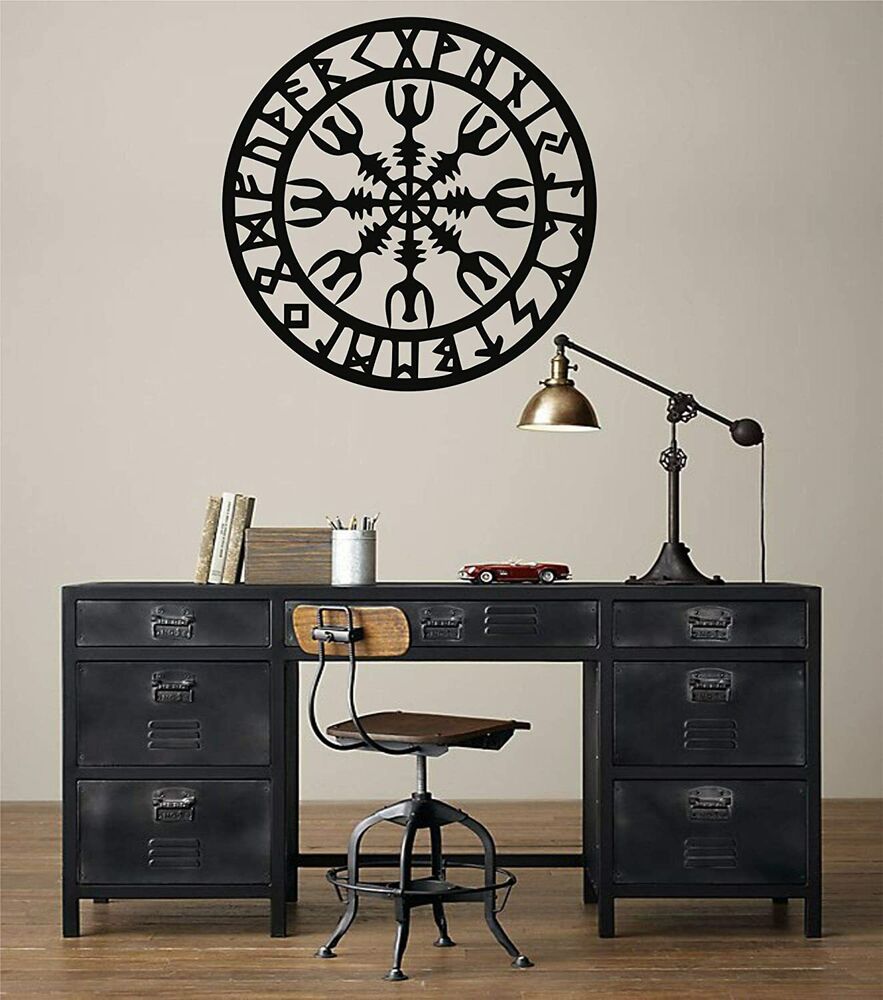 Metal Wall Art, Metal Viking Decor, Nordic Mythology Vegvisir Runes and Symbols