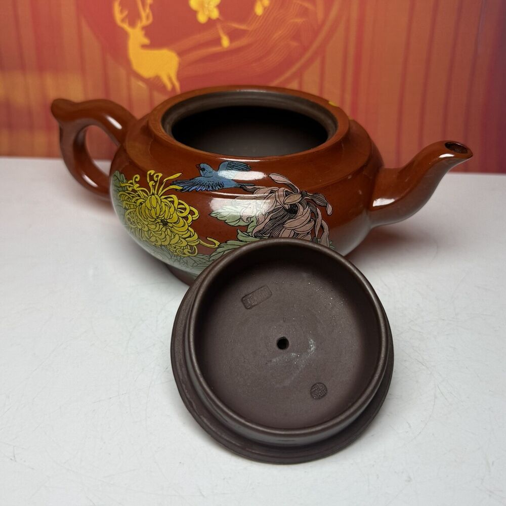 Chinese Yixing Purple Clay Teapot Zisha Ceramic Enamel Flower Bird Tea Set Nice