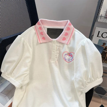 Women's cute heart Hello Kitty Printed Short Sleeves tops 100% cotton Loose Tees