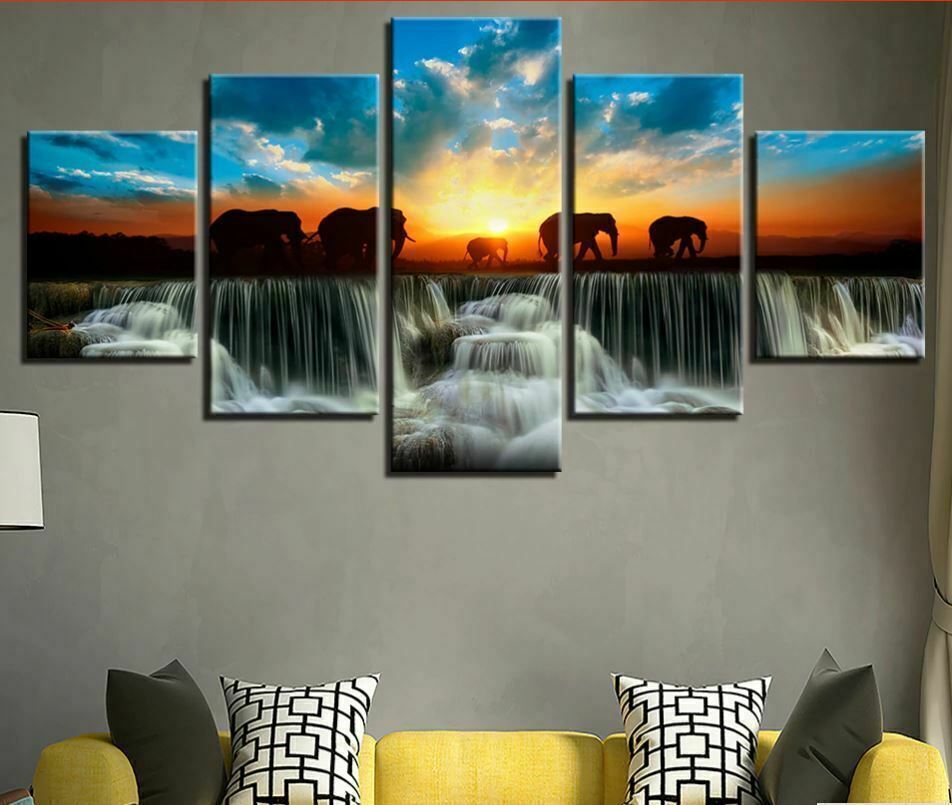 Elephant Sunset Waterfall 5 Pieces canvas Wall Art Print Picture Home Decor