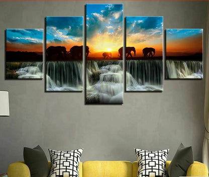 Elephant Sunset Waterfall 5 Pieces canvas Wall Art Print Picture Home Decor