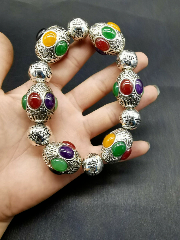 Old Tibet silver carving flower inlaid red green black jade silver bracelet