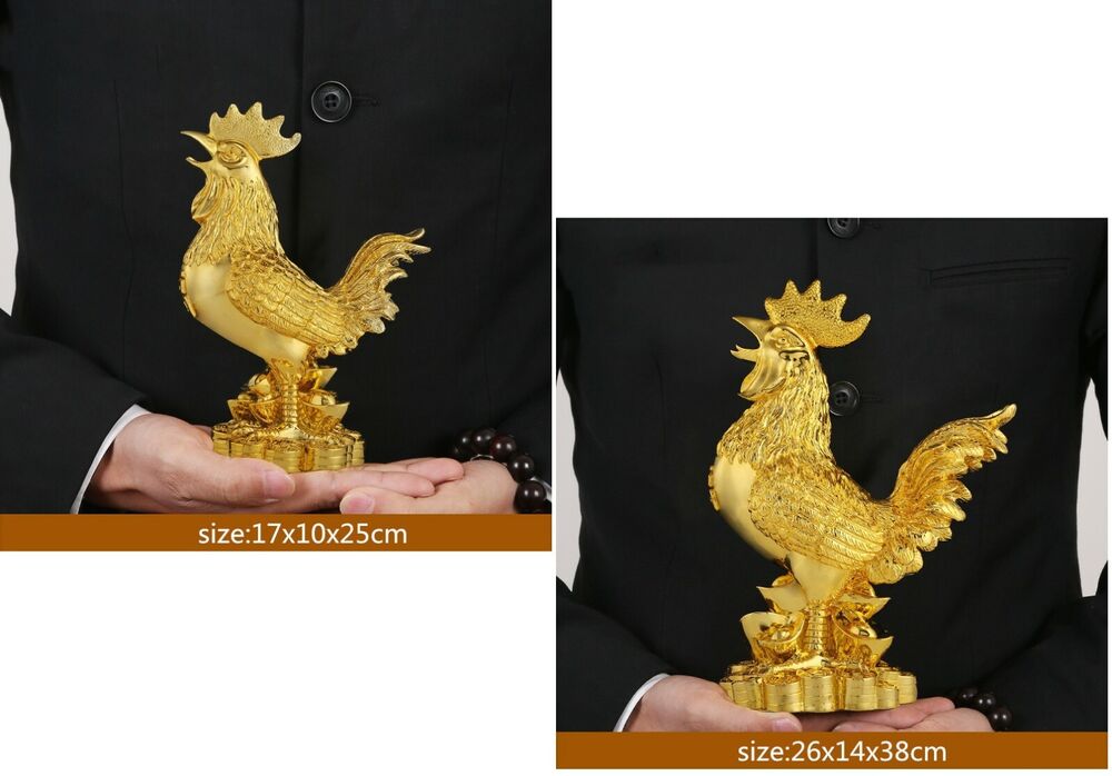 Chicken Figurine Gold Plating Lucky Cock Home Decoration Resin Statue 26x14x38cm