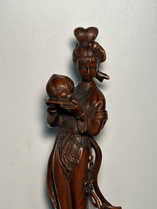 Old Chinese Boxwood Carving Pretty Woman Statue Woodwork Sculptures Collection