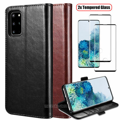 For Samsung Galaxy S20+/ FE/Ultra Case, Shockproof Leather Cover +Tempered Glass