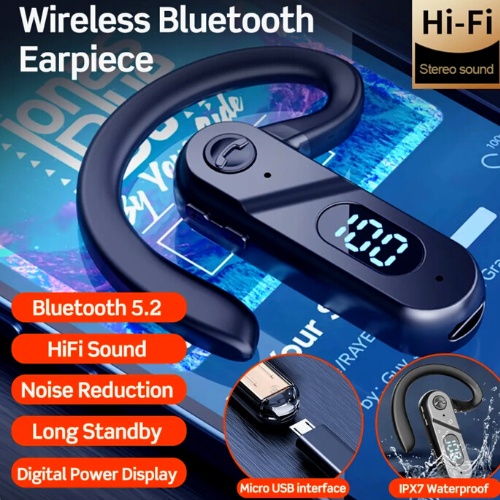 Wireless Bluetooth 5.2 Earpiece Headset Driving Trucker Earbud Ear Hook Earphone