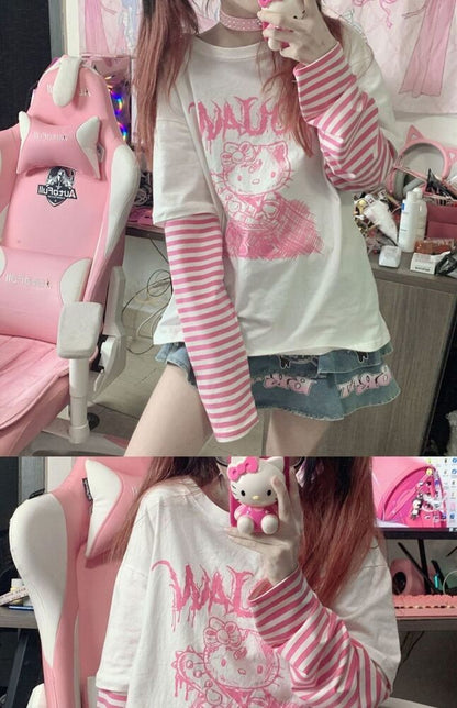 Japanese sweet loose Kawaii cute Hello Kitty blouse long-sleeved T-shirt women