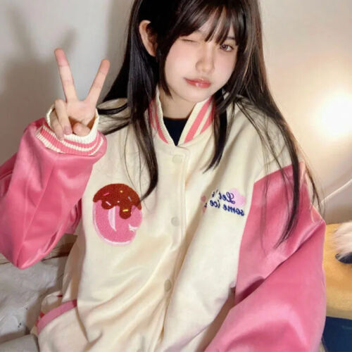 Cute womens Hello Kitty Loose Harajuku Jacket Street pink Baseball Uniform Coat