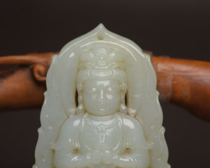 Chinese Beautiful Natural Hetian Jade Carving Kuan Yin Statue White Jade Pendant