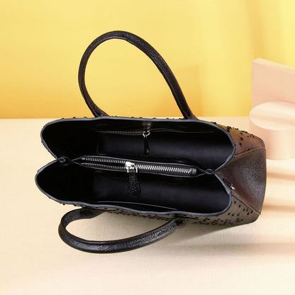 Top Cohide Leather Women's Black Handbag, Ostrich Skin Pattern Tote Shoulder Bag