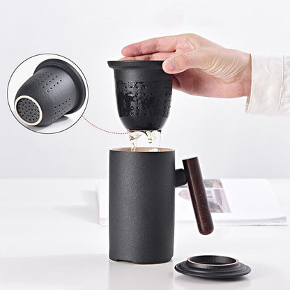 Ceramic Black Tea Mug With Infusion Wooden Handle Tea Cups