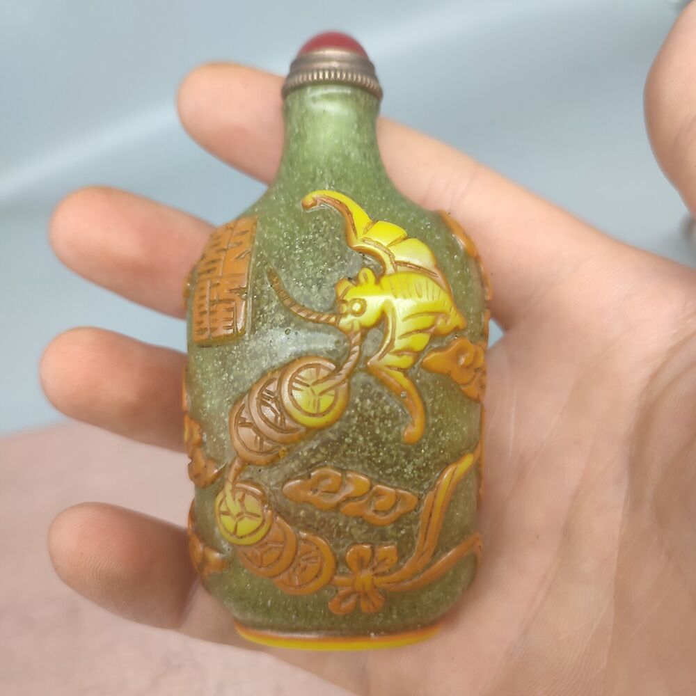 chinese snuff bottles peking glass vintage box carved bat yellow statue gifts