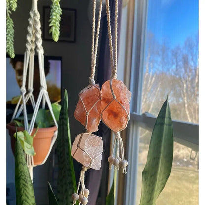 Wind Chimes Macrame Rose Quartz Himalayan Salt Car Home Hanging Decor 13 15 18cm