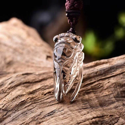 100% Natural Brown Tea Smoky Quartz Crystal Carved Cicada Reiki Pendant Necklace