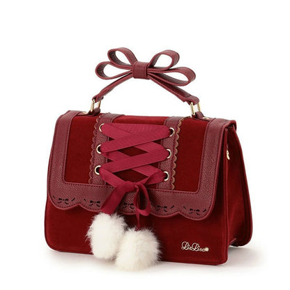 Cute Bow Shoulder Bag Red Handbag Polyester Leather Crossbody Purse 28*9*22.5 CM