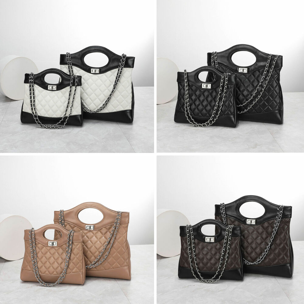 Quilted Sheepskin Real Leather Tote Purse Handbag Shoulder Bag Fashion w/ Chains