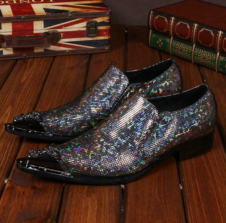 Men Leather Casual Nightclub Shiny Metal Pointy Toe Wedding Dress Business Shoes