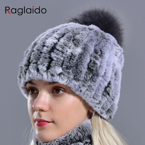 Hot Sale Knitted Pompom Hats Women Beanies Elastic Rabbit Fur Caps Real Fur Hats