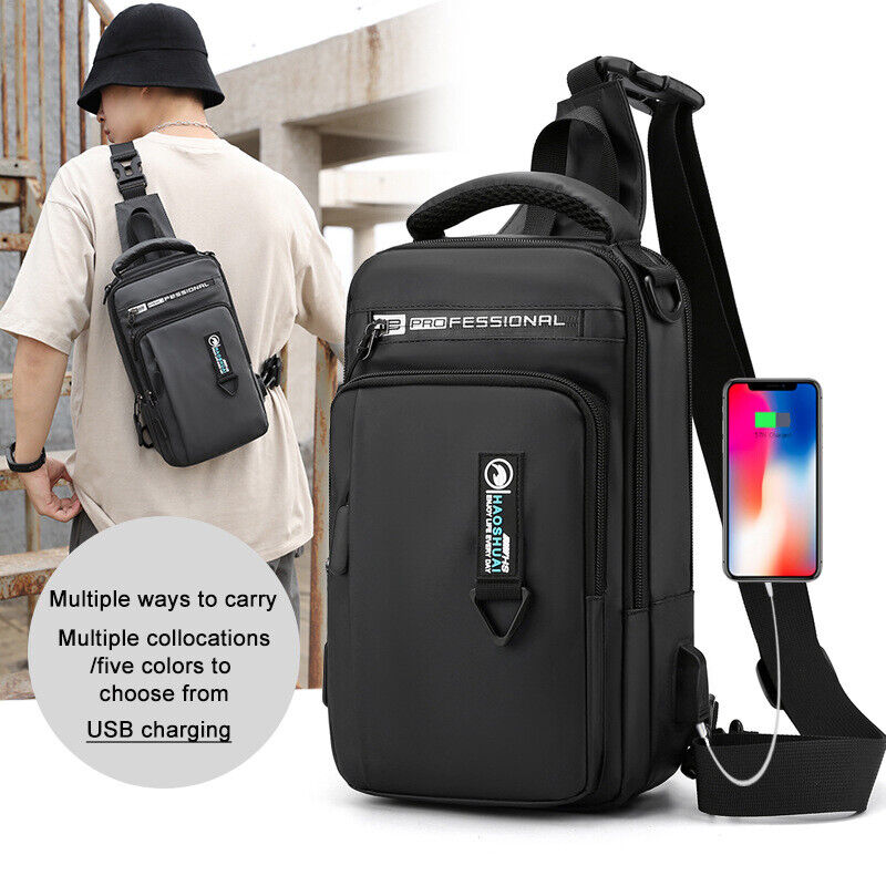 Men Nylon Waterproof Phone Chest Bag USB Small Crossbody Sling Bag Shoulder Bag