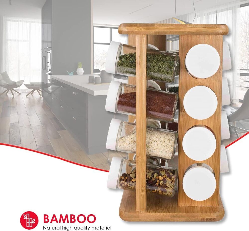 Wooden Revolving Spice Rack Bamboo Organizer Storage Kitchen Decoration 16 Slots