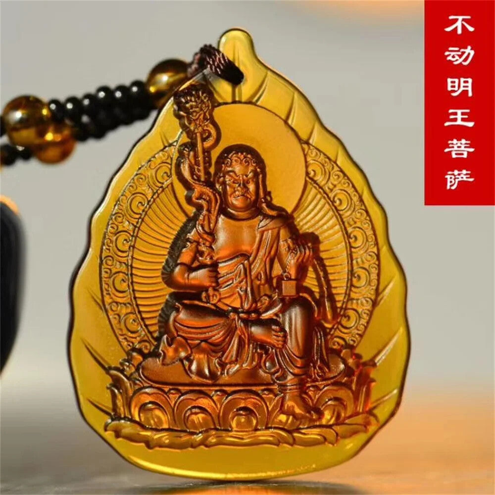 Glamour Ice Yellow Crystal Carved Talisman Buddha Buddhist Pendant Religious Necklace -