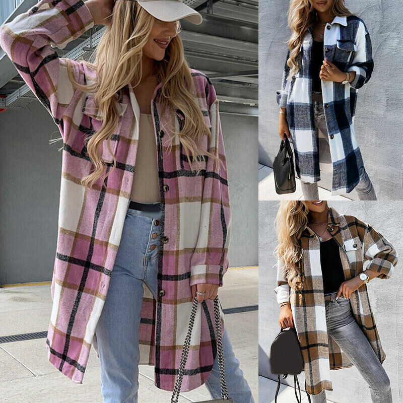 Women's Check Plaid Jacket Shacket Top Oversize Button Baggy Long Shirt Coat