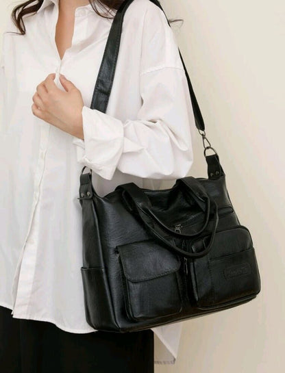 Leather Bag For Women Large Shoulder Handbag Crosdbody Satchel Bags 14"(Black)