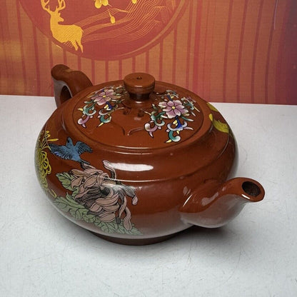 Chinese Yixing Purple Clay Teapot Zisha Ceramic Enamel Flower Bird Tea Set Nice
