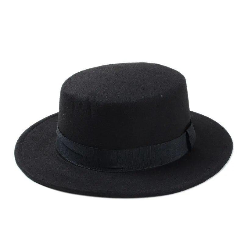 Flat Top Hat Wool Pork Pie Boater Fashion for Men Women Wide Brim Gambler Hat