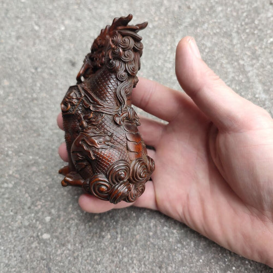 China Boxwood Wood Carving Chinese Dragon Statue Loong Sculpture Home Decor Desk