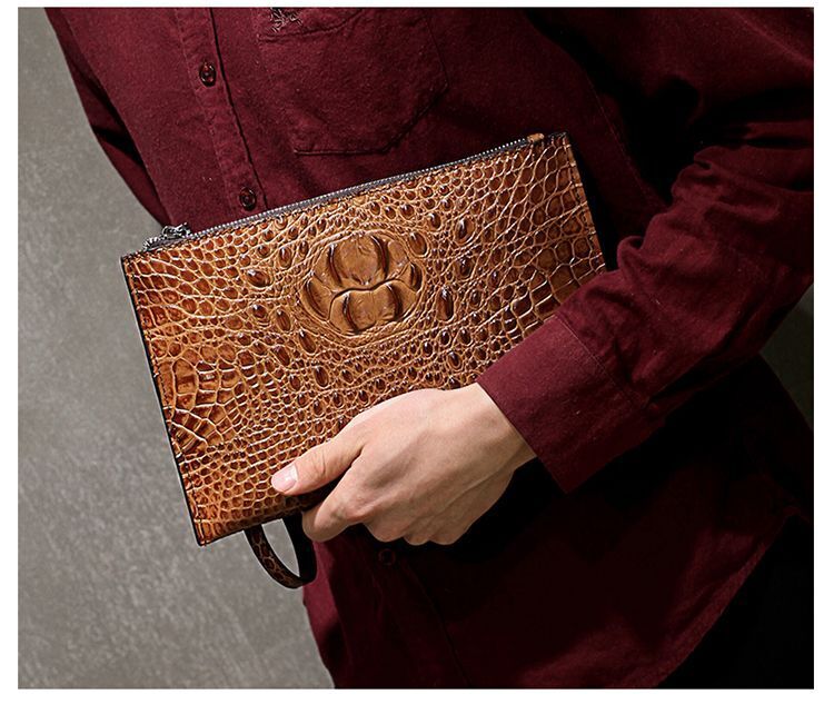 Crocodile Pattern Genuine Leather Envelope Bag Men Clutch Wristlets Bag Cowhide