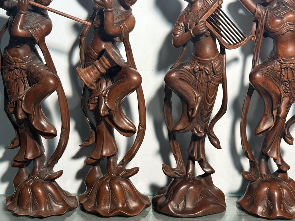 Chinese Boxwood Carving Four Pretty Woman Statue Wood Figurines Decoration Art