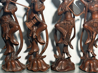 Chinese Boxwood Carving Four Pretty Woman Statue Wood Figurines Decoration Art
