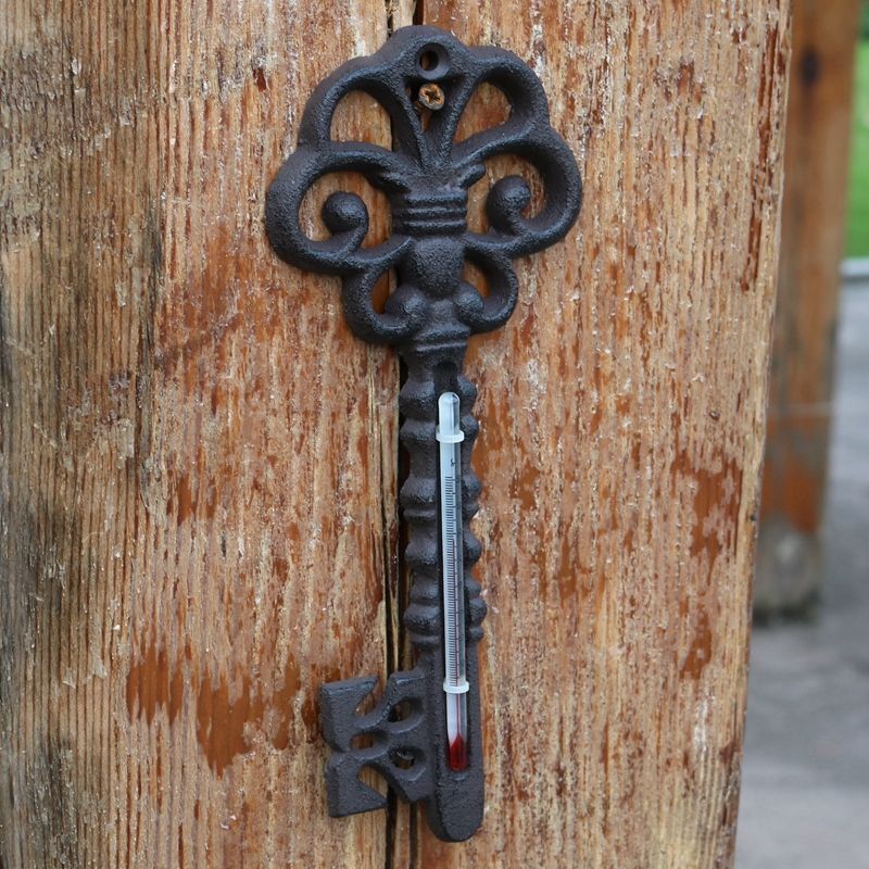 Home Wall Decoration Courtyard Decor Cast Iron Rake Key Thermometer 9.2x1x23.3cm