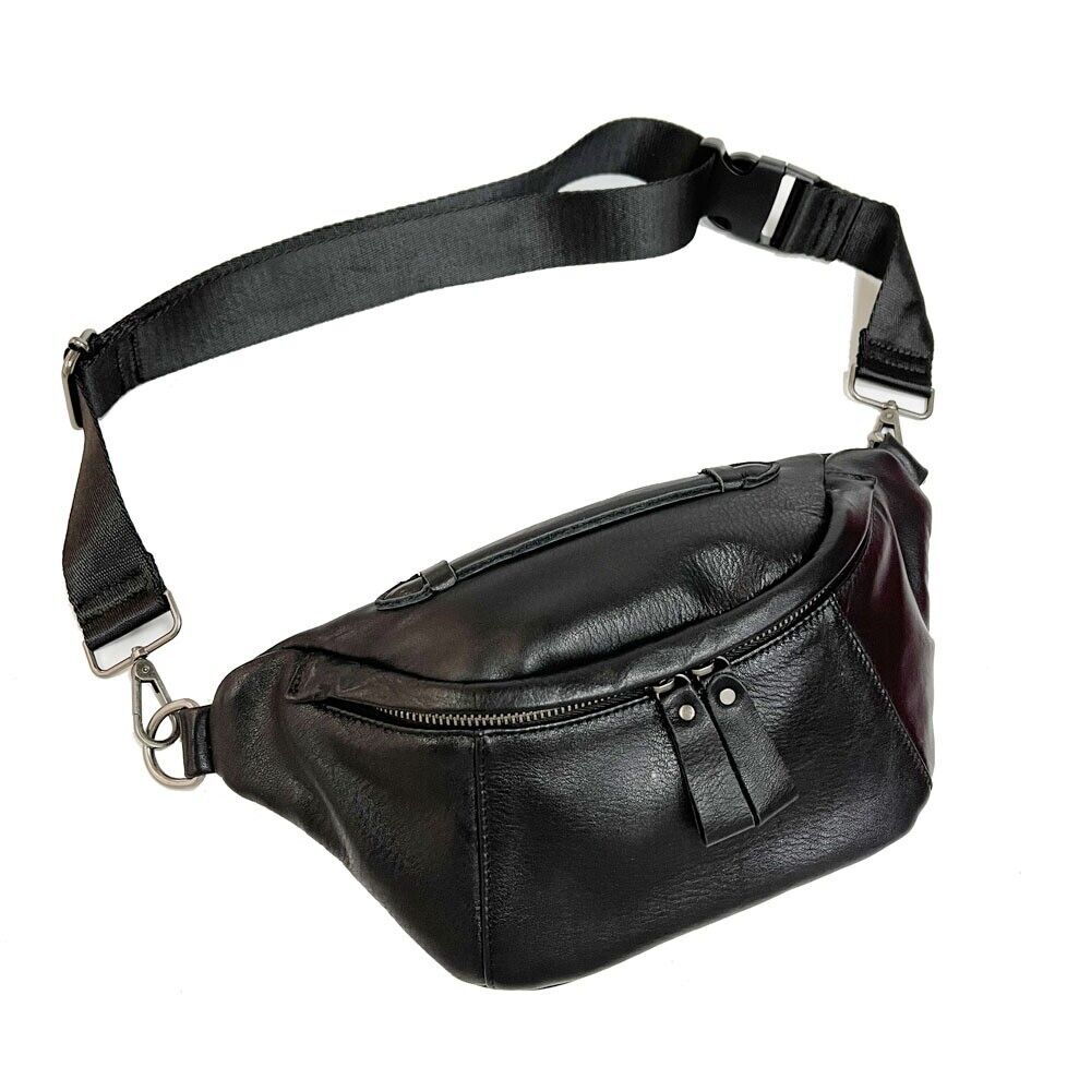 Black Men Real Cow Leather Waist Fanny Pack Sport Backpack Sling Crossbody Bags