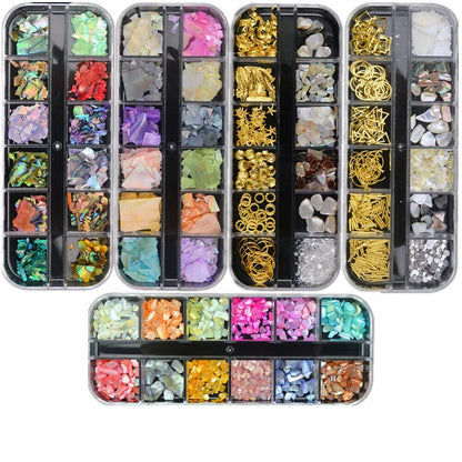 Nail Art Decor 12Design Box 3D Irregular Abalone Seashell Fragment Flakes Charms