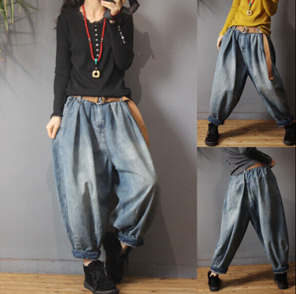 Retro Women's Denim Drop Pants Baggy Lantern Loose Fit Elastic Jeans Trousers @