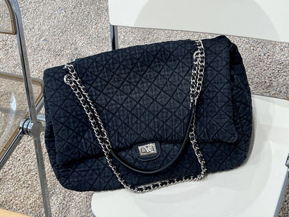 Large Quilted Denim Shoulder Bag Flap Purse Double Chains Hobo Fashion Tote