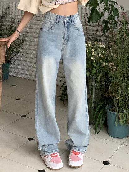 Hellokitty Embroidered Jeans Women's High Waist Loose Straight Pants