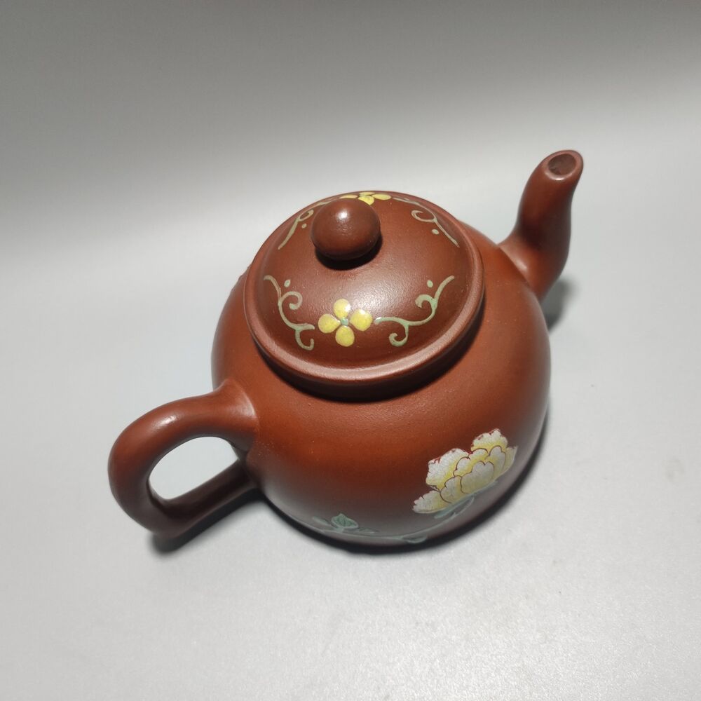 Vintage Chinese Yixing Purple Clay Teapot Zisha Ceremony Painted Peony Teaware