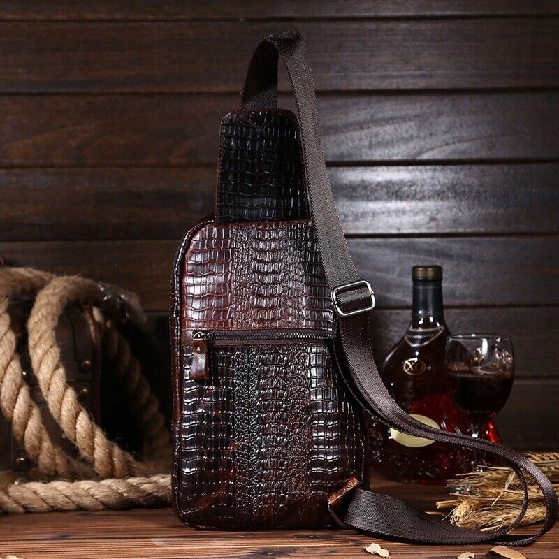 100% Genuine Leather Crocodile Pattern Crossbody Bag Sling Backpack for Hiking
