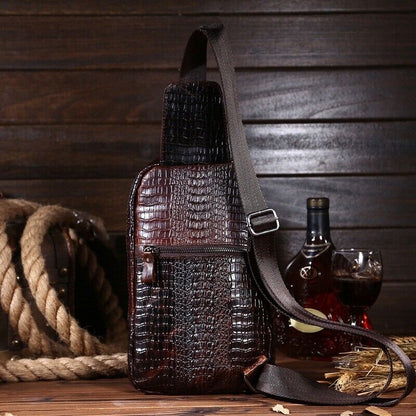 100% Genuine Leather Crocodile Pattern Crossbody Bag Sling Backpack for Hiking