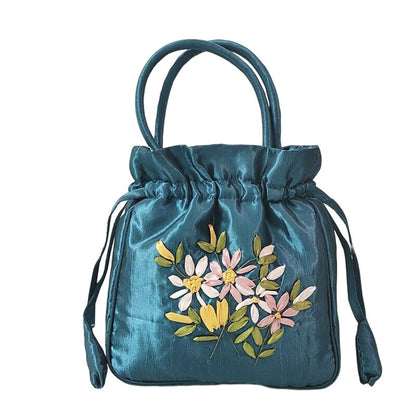 Women Ethnic Embroidered Floral Satin Handbag Girls Drawstring Tote Hanfu Bag