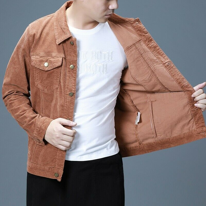 Men's Corduroy Jacket Single Breasted Tooling Outwear Slim Fit Retro style Coat