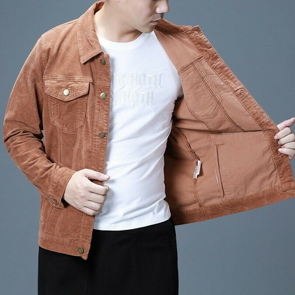 Men's Corduroy Jacket Single Breasted Tooling Outwear Slim Fit Retro style Coat